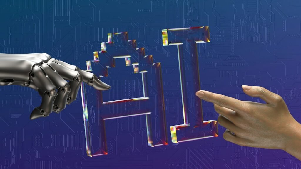 Robot and human hands reaching toward AI text